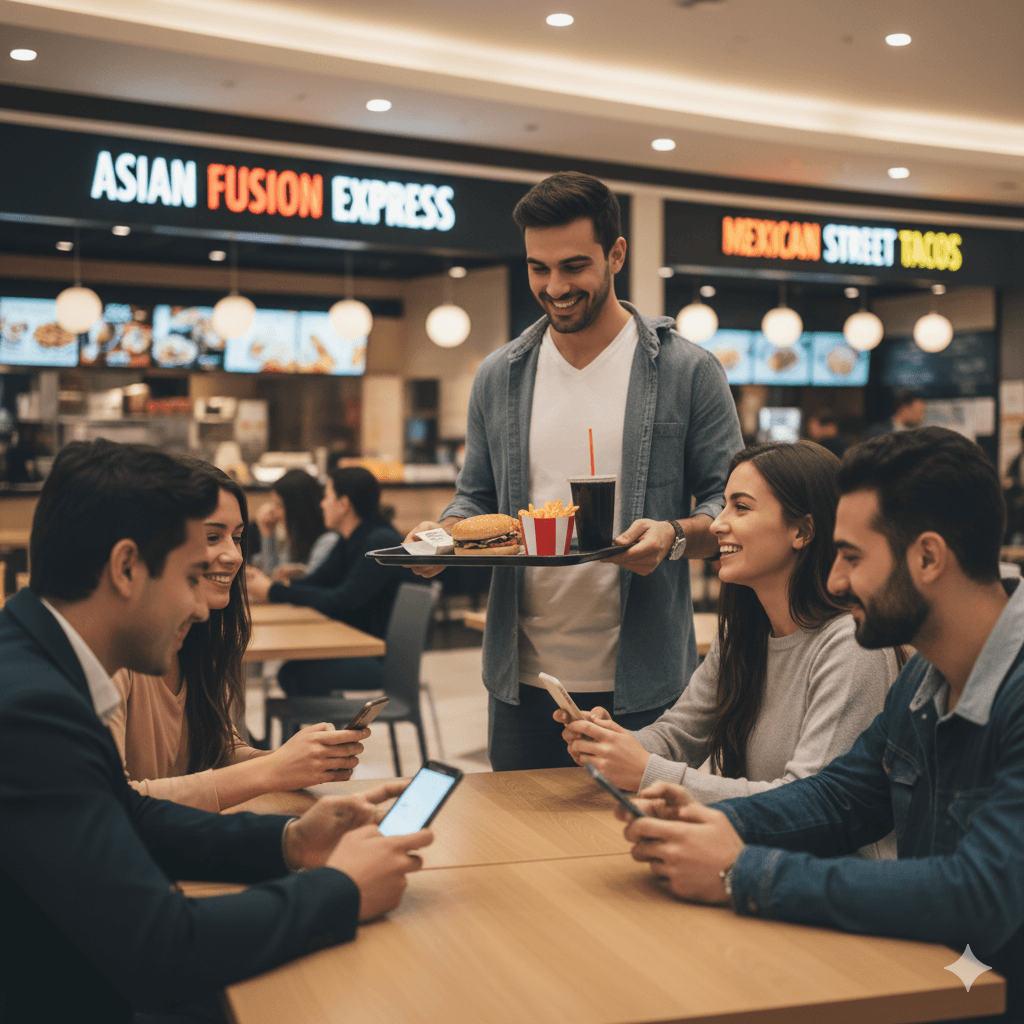 Pessoas felizes em uma praça de alimentação